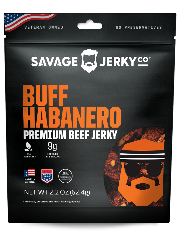 Savage Jerky Co. Buff Habanero Premium Beef Jerky in a black resealable pouch with orange and white text, featuring a circular graphic of a bearded man wearing a habanero hat on the lower right.